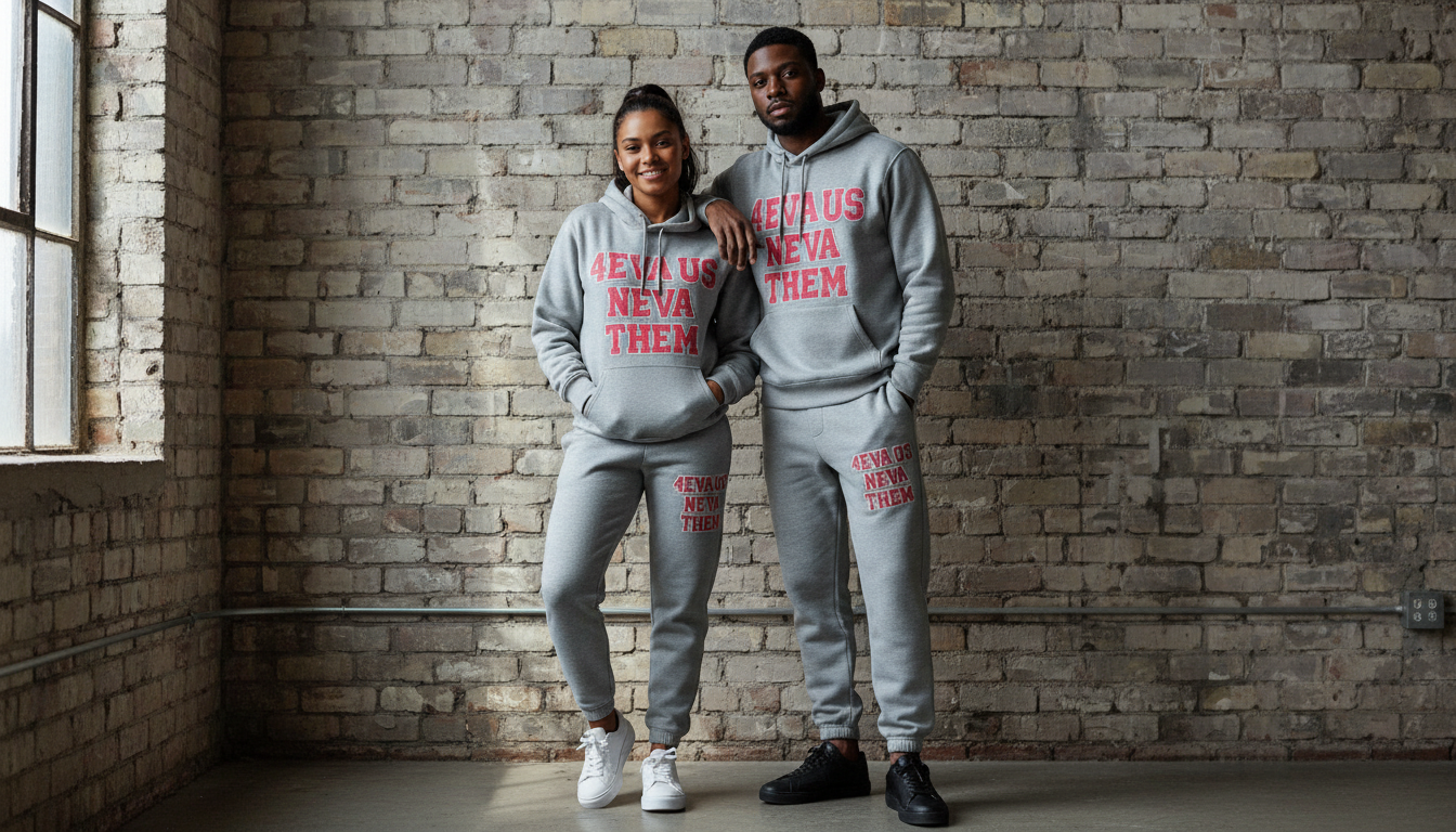 Gray and crimson jogger set - couple lifestyle corrected