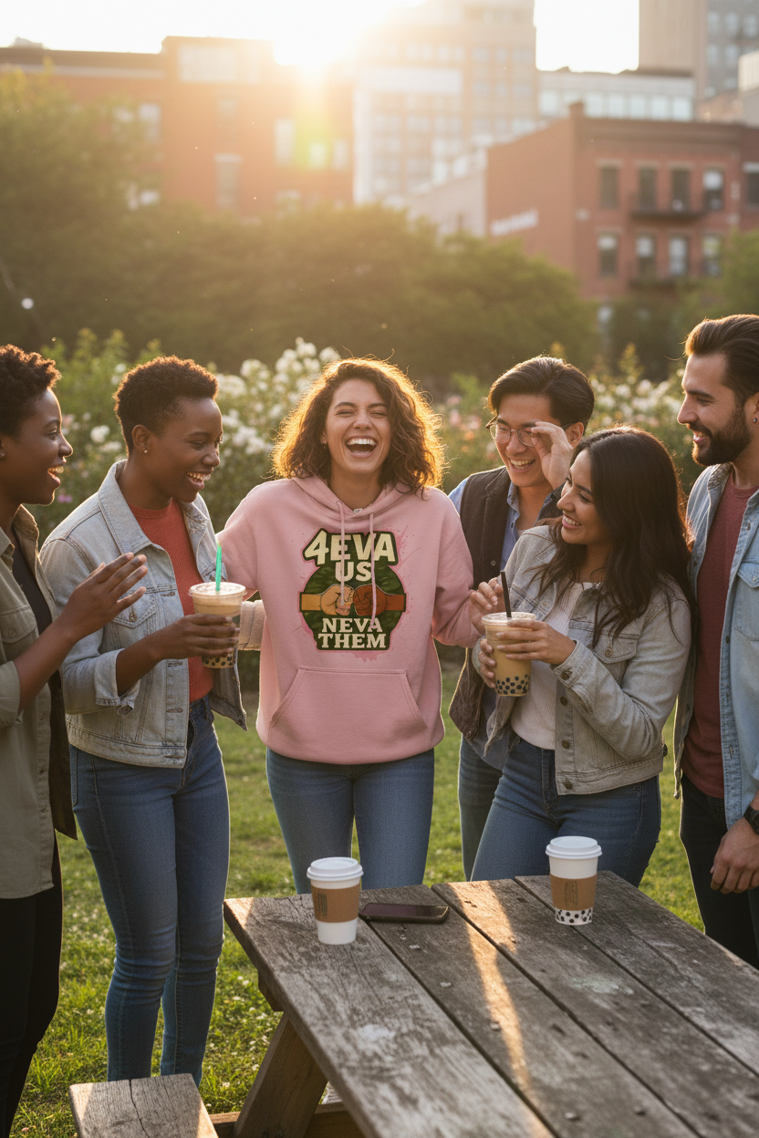 Happy girl wearing 4eva Us Neva Them™ Cozy Hoodie with multicultural friends