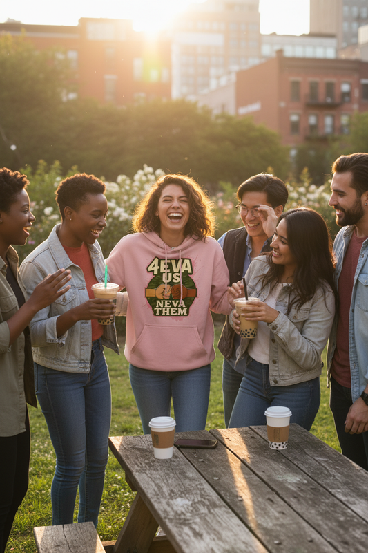 Happy girl wearing 4eva Us Neva Them™ Cozy Hoodie with multicultural friends