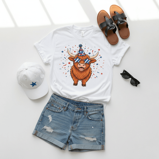 Highland Cow Party Animal Patriotic — Shirt or DTF Transfer - TaggEt Dezignz