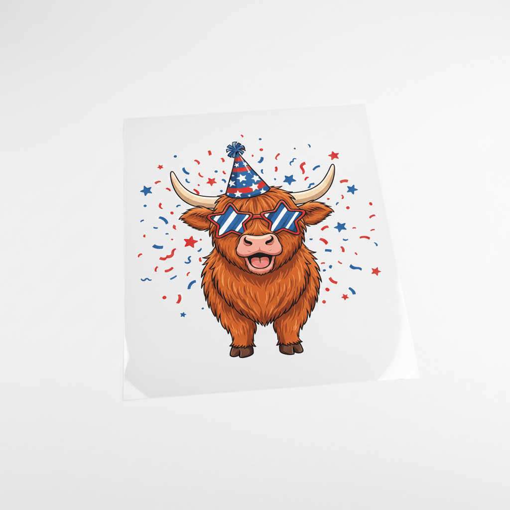Highland Cow Party Animal Patriotic — Shirt or DTF Transfer - TaggEt Dezignz