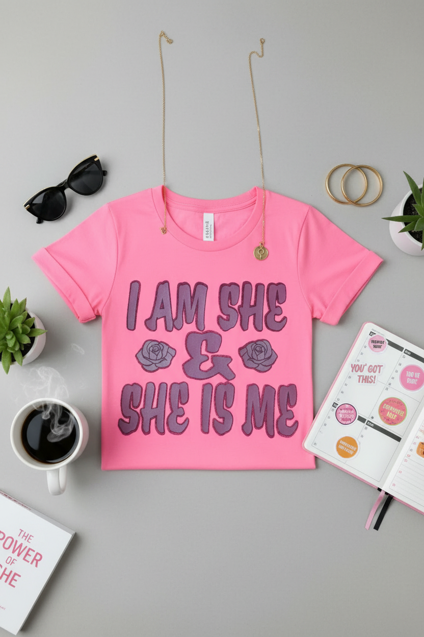 I Am She t-shirt flat lay