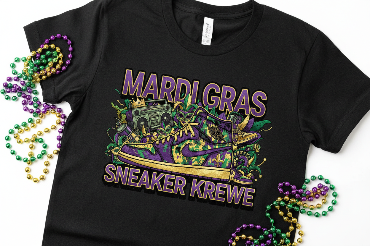 Urban Mardi Gras sneaker culture t-shirt close-up flat lay with beads in purple green and gold