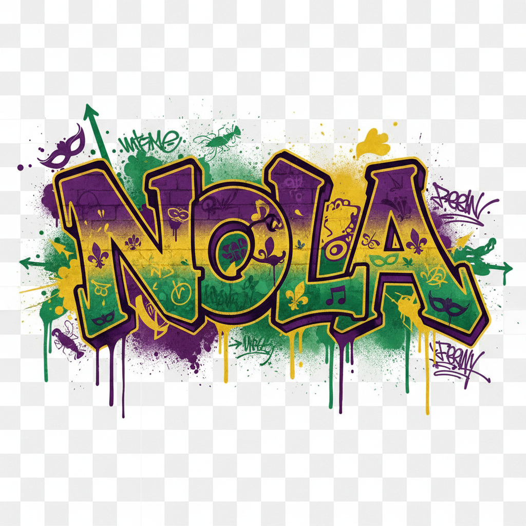 Street-style NOLA graffiti Mardi Gras DTF transfer design in purple green and gold