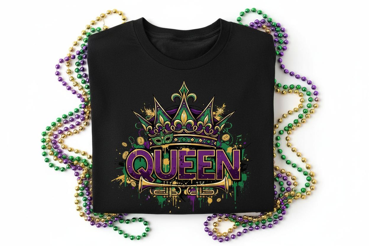 Streetwear QUEEN crown Mardi Gras t-shirt close-up flat lay with beads in purple green and gold