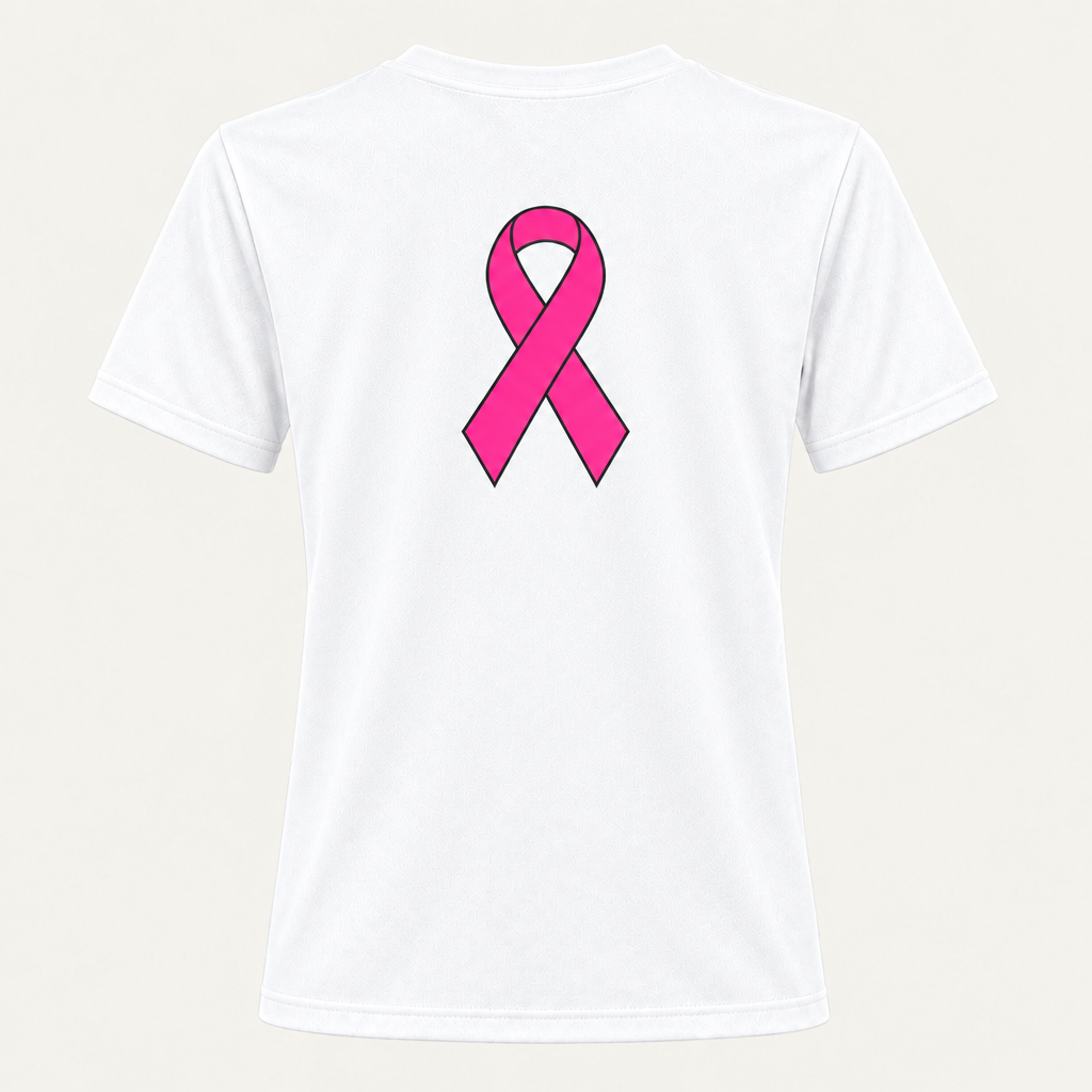 Back of solid white awareness jersey with large pink ribbon