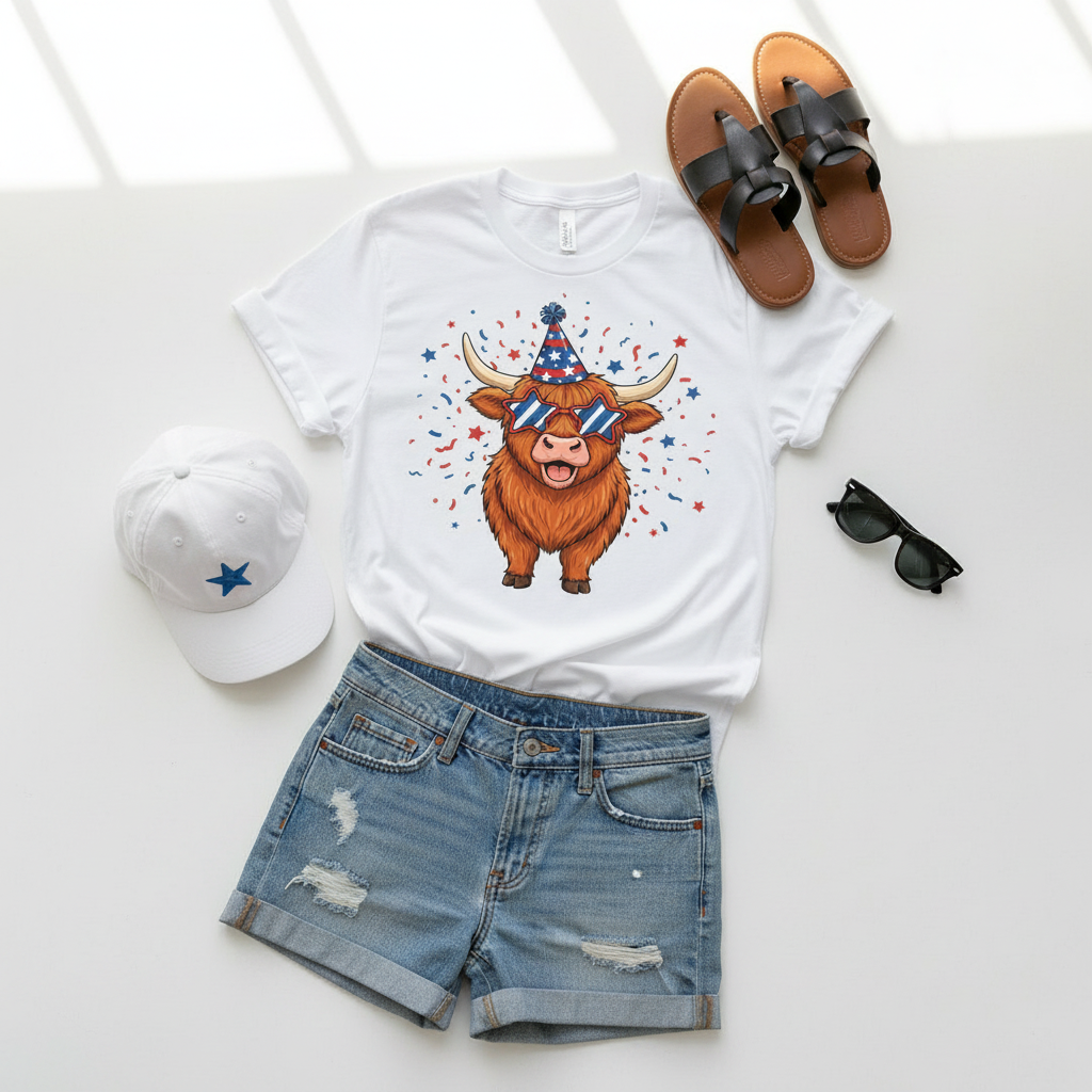 Highland Cow Party Animal shirt flatlay