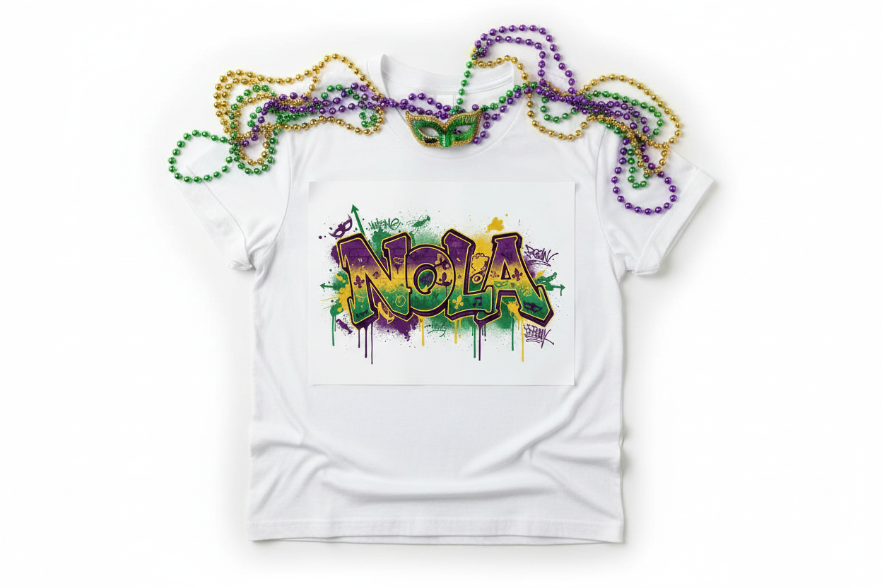 Street-style NOLA graffiti t-shirt lifestyle flat lay with Mardi Gras beads