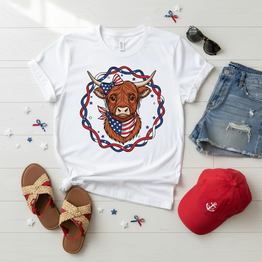 Highland Cow Patriotic Bandana Tee lifestyle flatlay