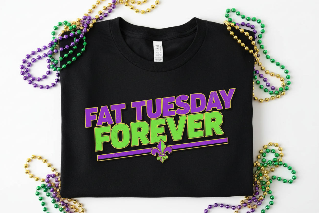 Bold block lettering Mardi Gras slogan t-shirt close-up flat lay with beads in purple green and gold