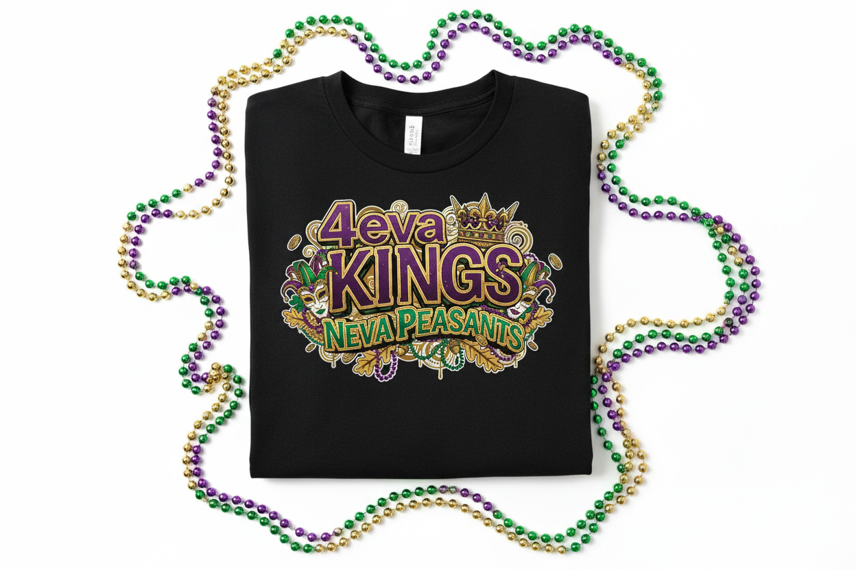 4eva Kings Neva Peasants Mardi Gras t-shirt close-up flat lay with beads in purple green and gold