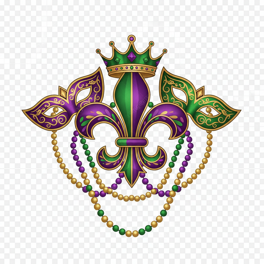 Traditional Mardi Gras fleur-de-lis DTF transfer design in purple green and gold