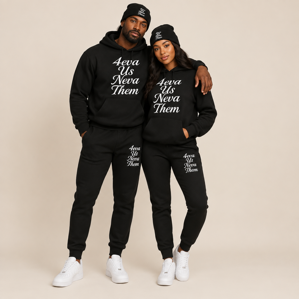 Black man and woman wearing matching black 4eva Us Neva Them hoodies, joggers, and beanies