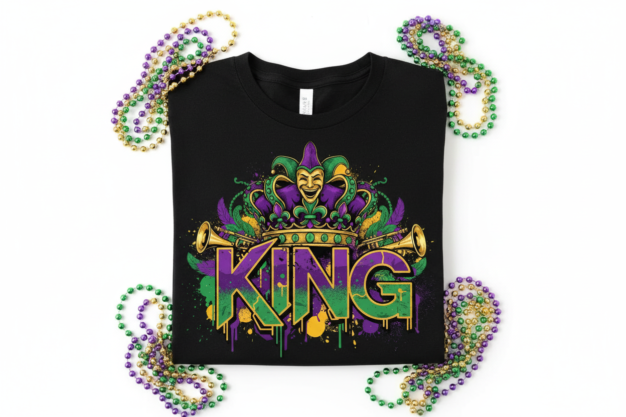 Streetwear KING crown Mardi Gras t-shirt close-up flat lay with beads in purple green and gold