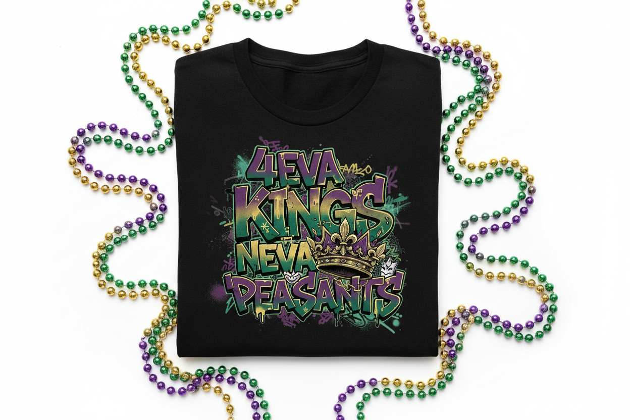 4eva Kings Neva Peasants graffiti Mardi Gras t-shirt close-up flat lay with beads in purple green and gold