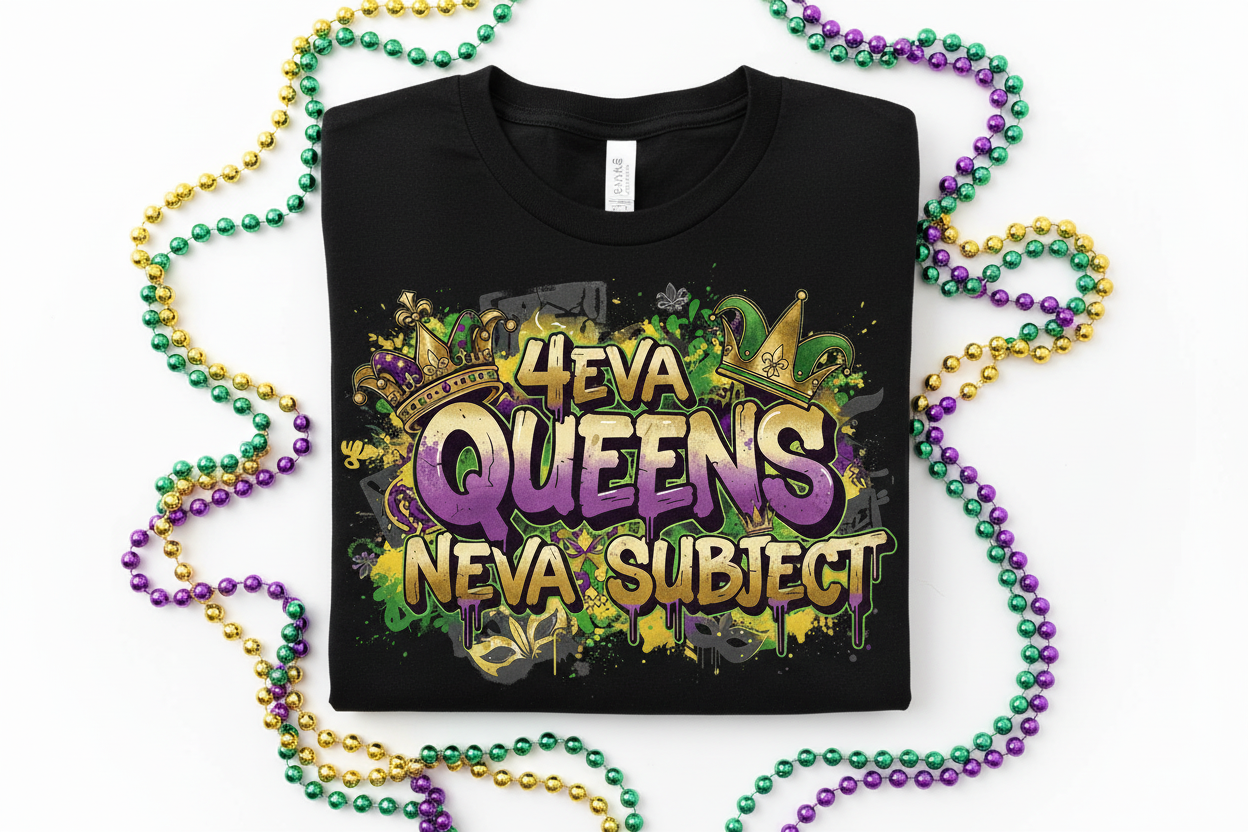 4eva Queens Neva Subject graffiti Mardi Gras t-shirt close-up flat lay with beads in purple green and gold