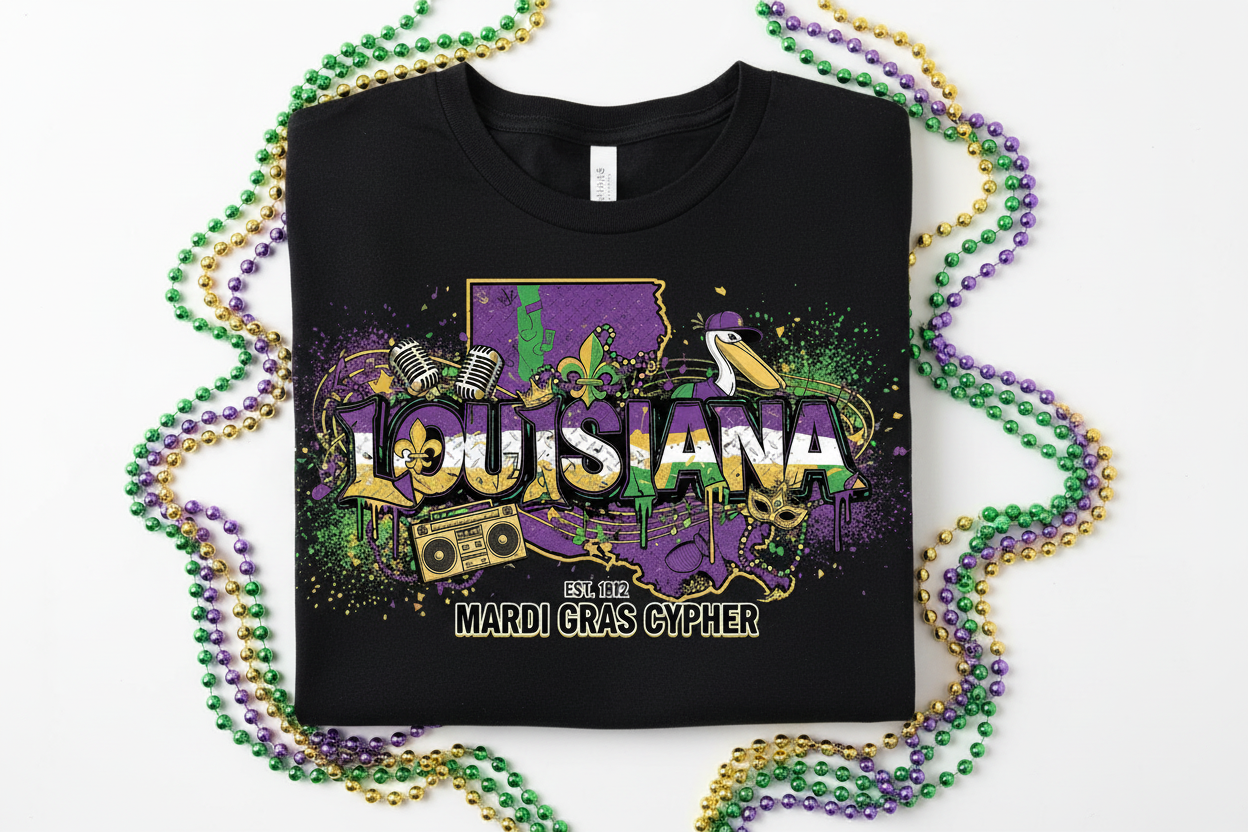 Mardi Gras Cypher hip-hop t-shirt close-up flat lay with beads in purple green and gold