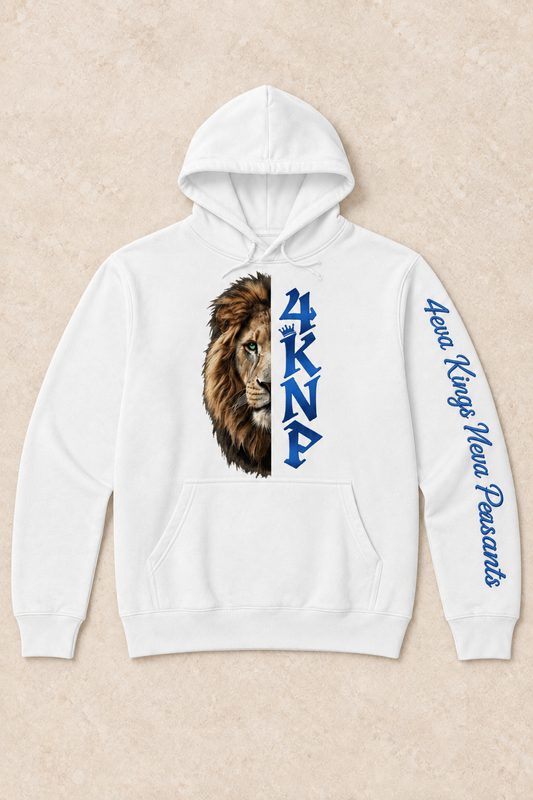 White 4KNP Half-Lion hoodie flat lay with blue chest lettering and sleeve embroidery