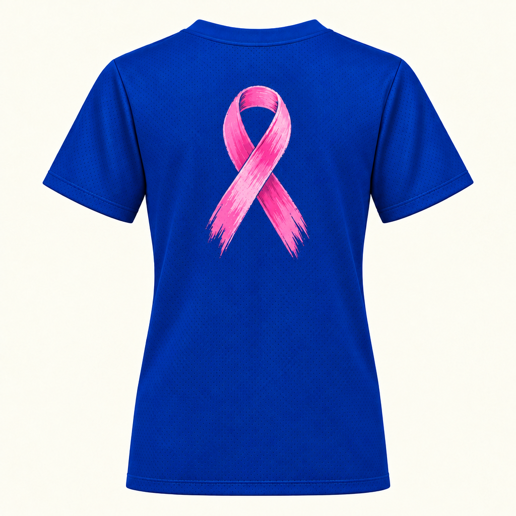 Back of solid blue awareness jersey with large pink ribbon