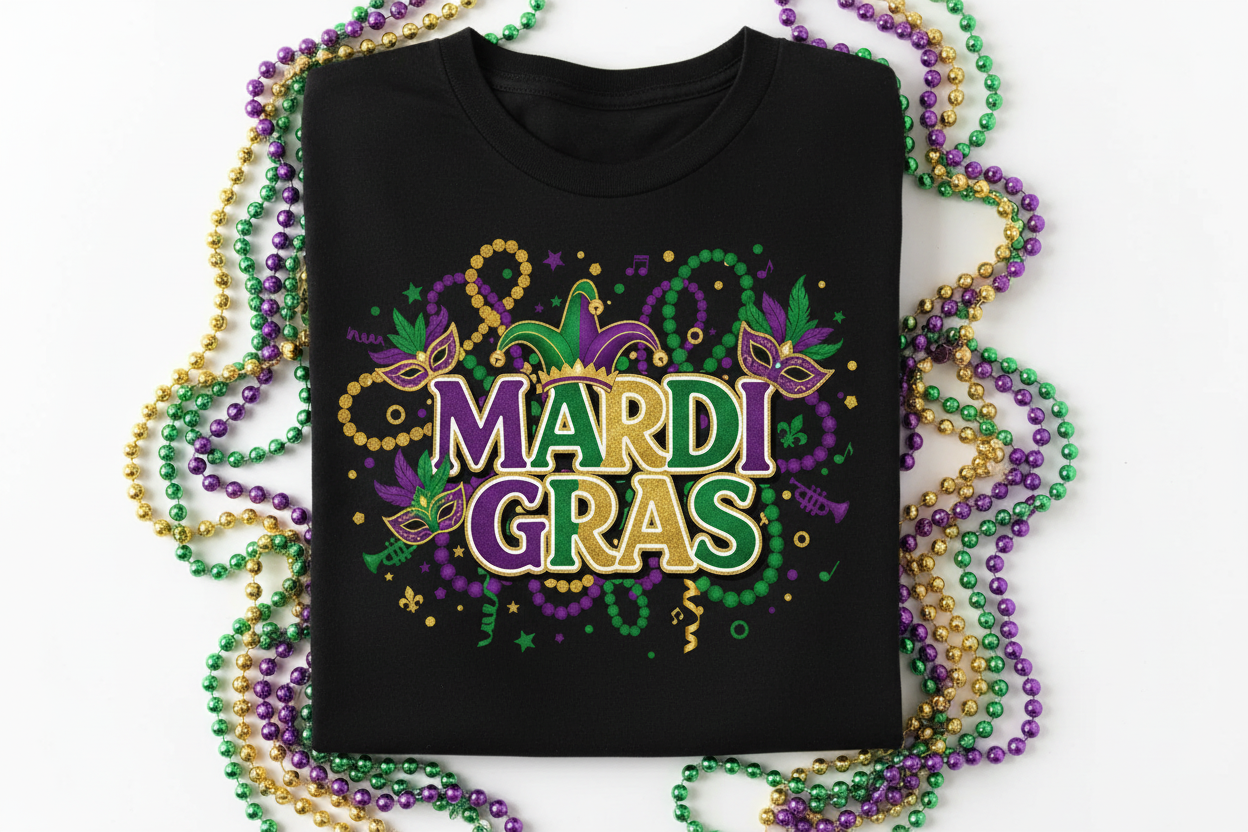 Mardi Gras party t-shirt close-up flat lay with beads in purple green and gold