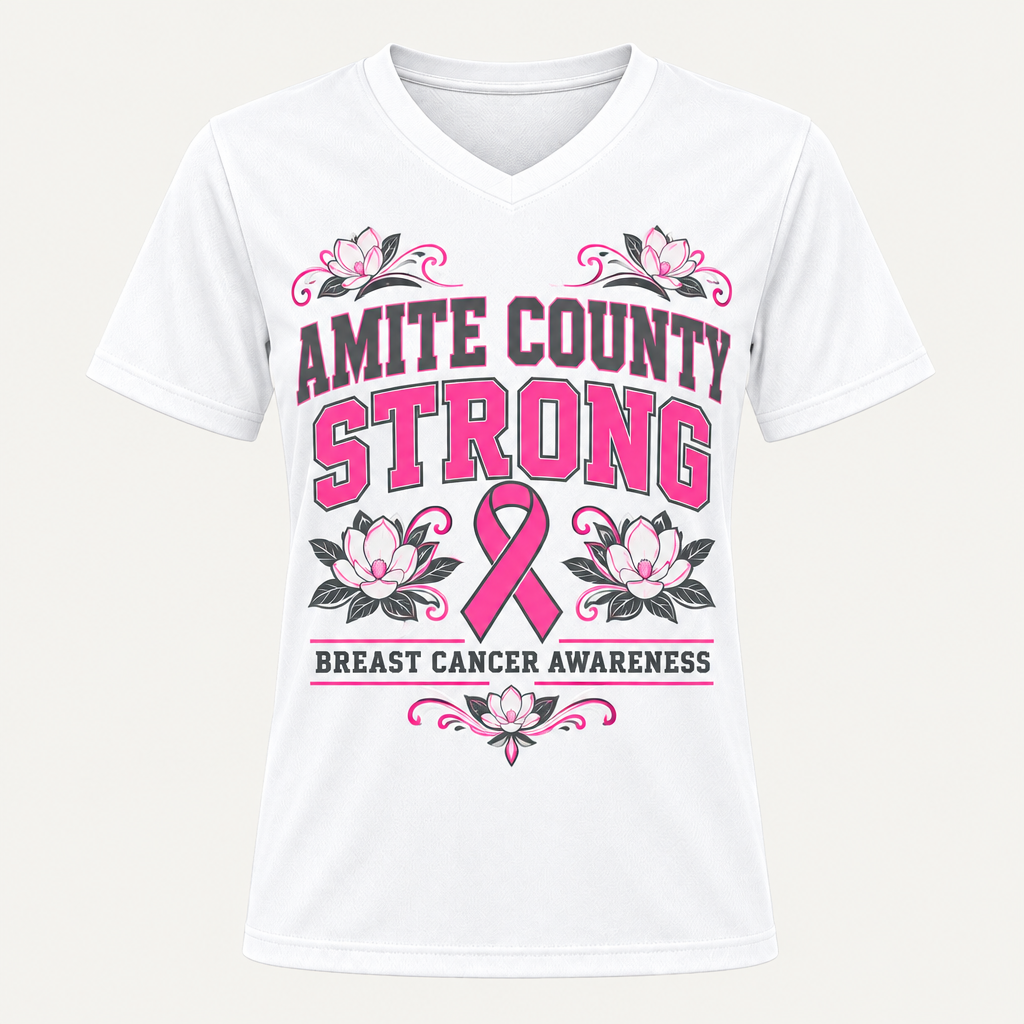 Front of white Amite County Strong Breast Cancer Awareness jersey