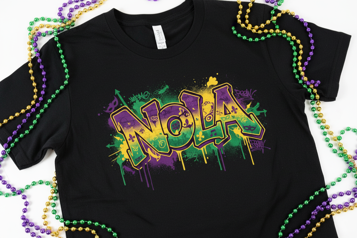 Street-style NOLA graffiti Mardi Gras t-shirt close-up flat lay with beads in purple green and gold