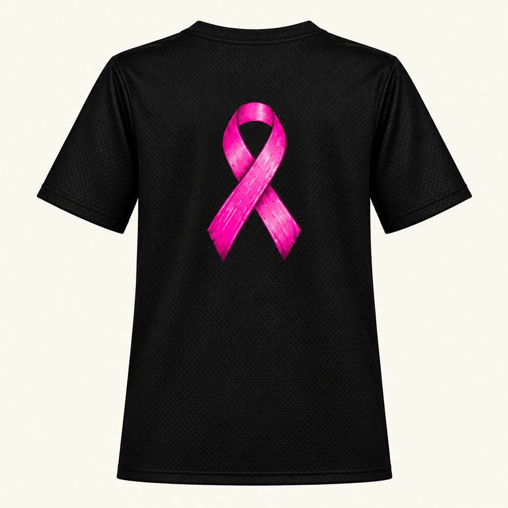 Back of solid black awareness jersey with large pink ribbon