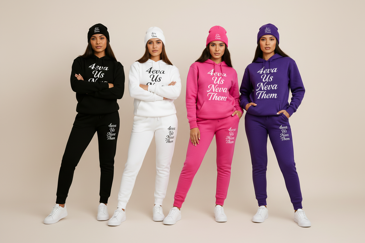 Four women wearing 4eva Us Neva Them matching sets in black, white, pink, and royal purple
