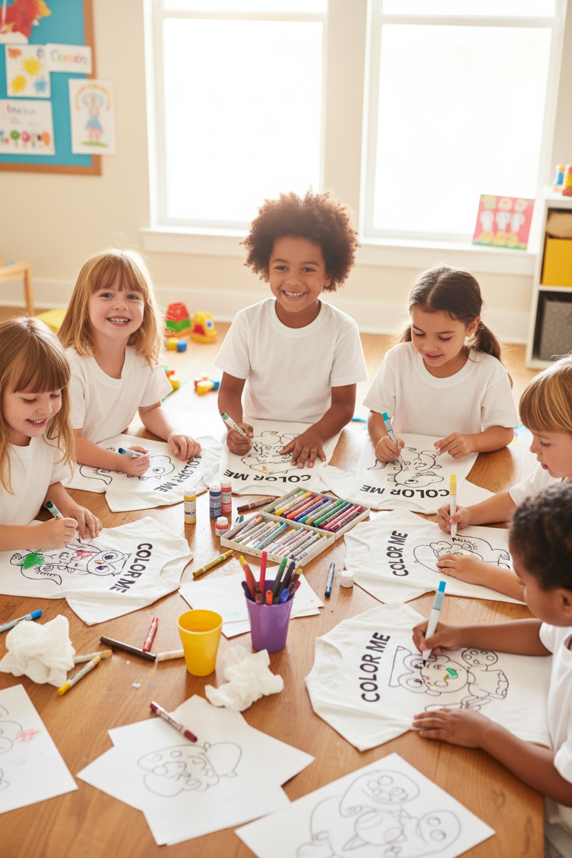 Kids having a t-shirt coloring party