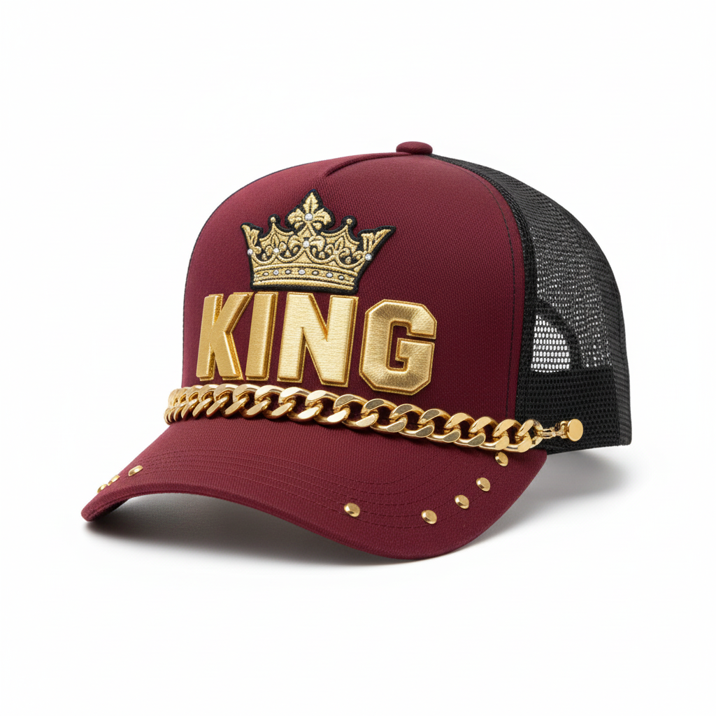 KING Embellished Trucker Hat – Maroon & Gold
