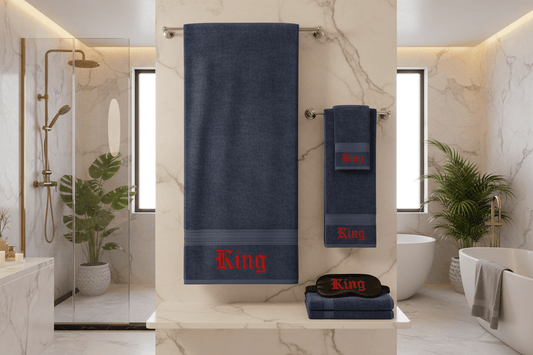 King Spa Bundle – Navy Towels / Red Embroidery - TaggEt Dezignz