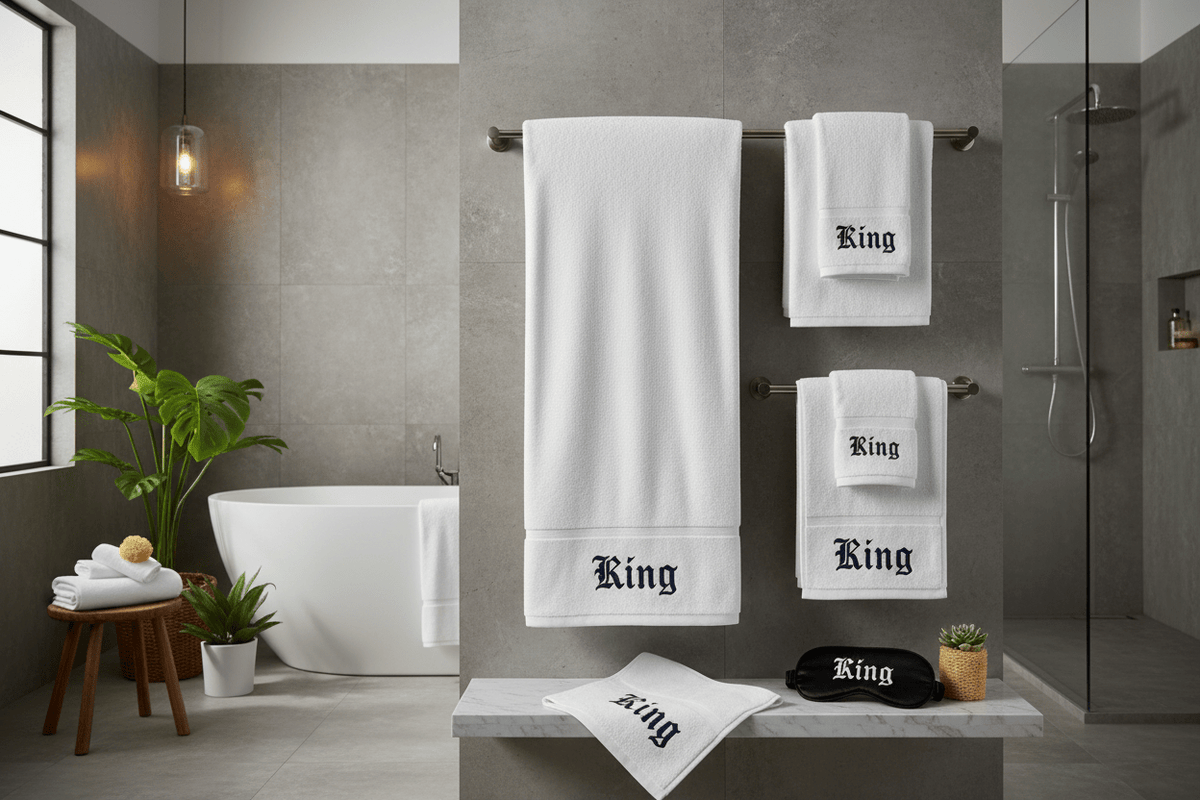 King Spa Bundle – White Towels / Navy Embroidery - TaggEt Dezignz