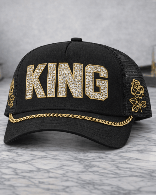 King Trucker Hat – Black, Gold & Rhinestone - TaggEt Dezignz