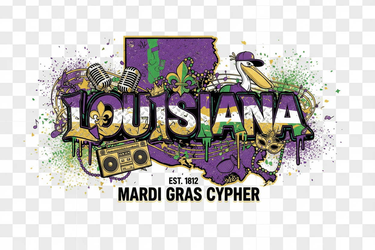 Mardi Gras Cypher DTF Transfer Sheet - Hip-Hop Purple Green Gold - TaggEt Dezignz