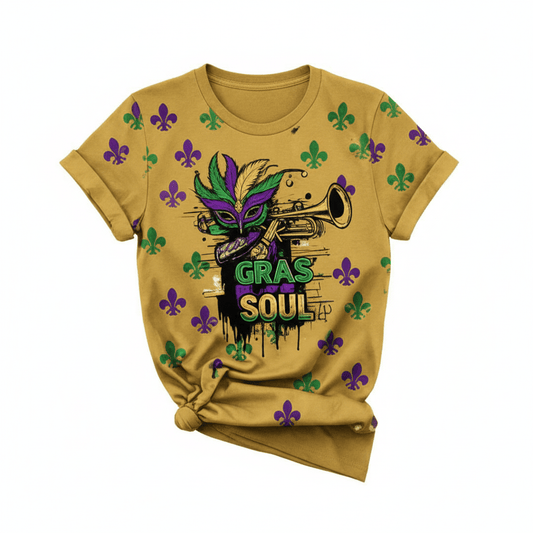 Mardi Gras Gras Soul Premium T-Shirt - Gold Trumpet & Fleur-de-lis - TaggEt Dezignz
