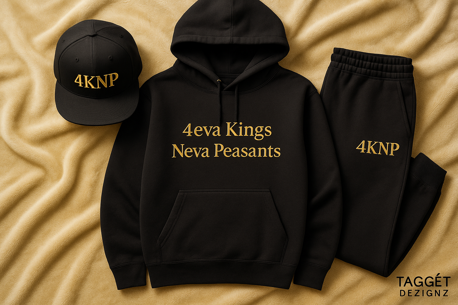 Men's apparel bundle with "4eva Kings Neva Peasants" in pocket area and "4KNP" initials in black and gold on light gold plush blanket