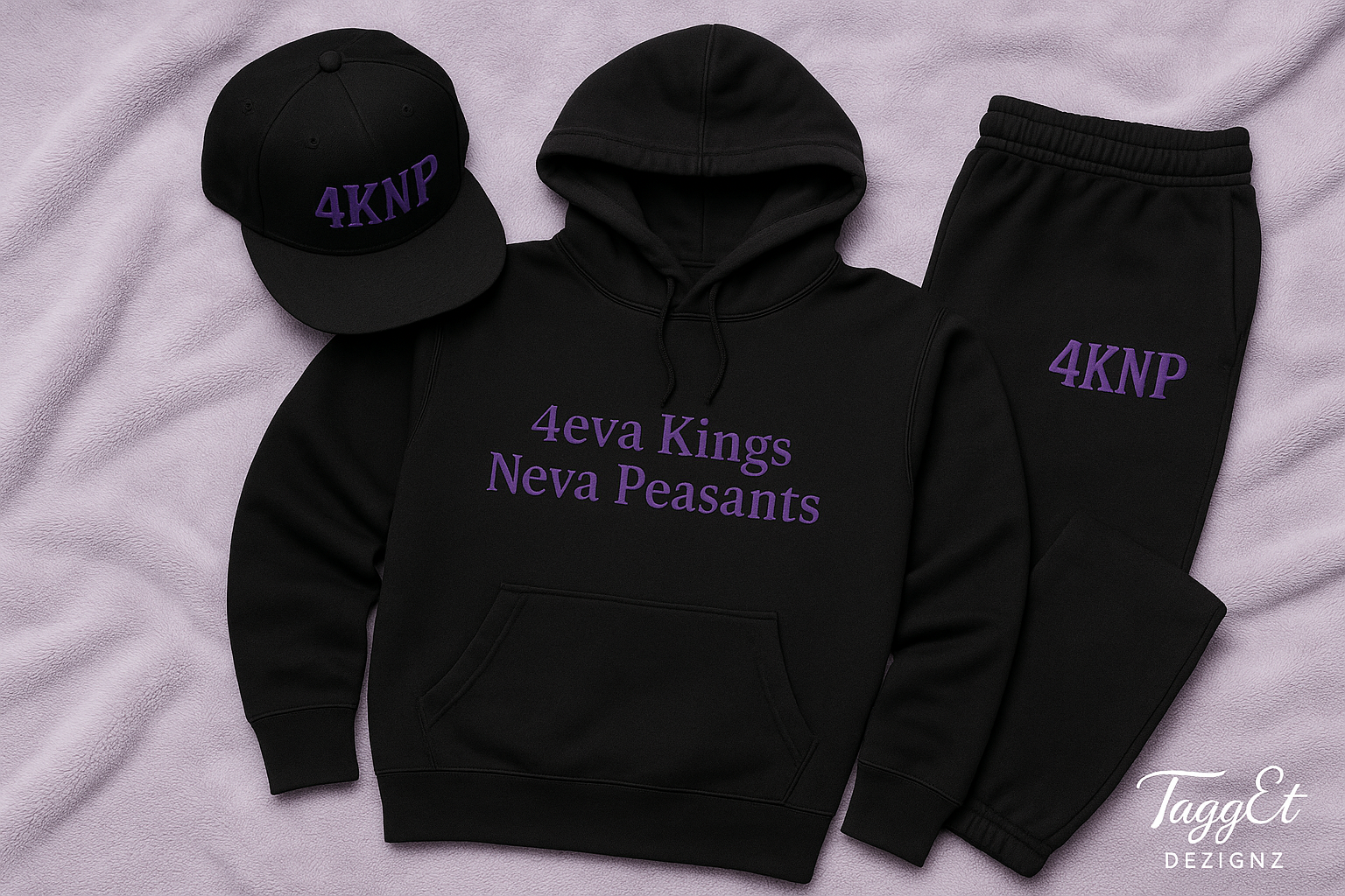 Men's apparel bundle with "4eva Kings Neva Peasants" in pocket area and "4KNP" initials on lighter purple plush blanket