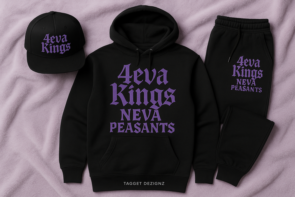 Men's three-piece apparel bundle with "4eva Kings Neva Peasants" in stylized royal purple lettering - corrected version with only three items