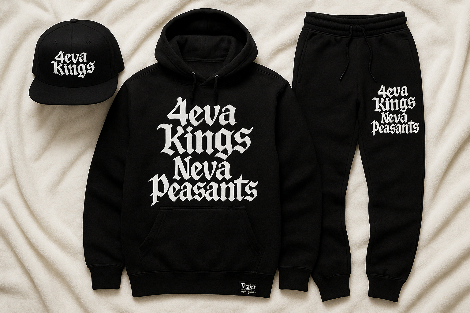 Men's three-piece apparel bundle with "4eva Kings Neva Peasants" in stylized urban street font