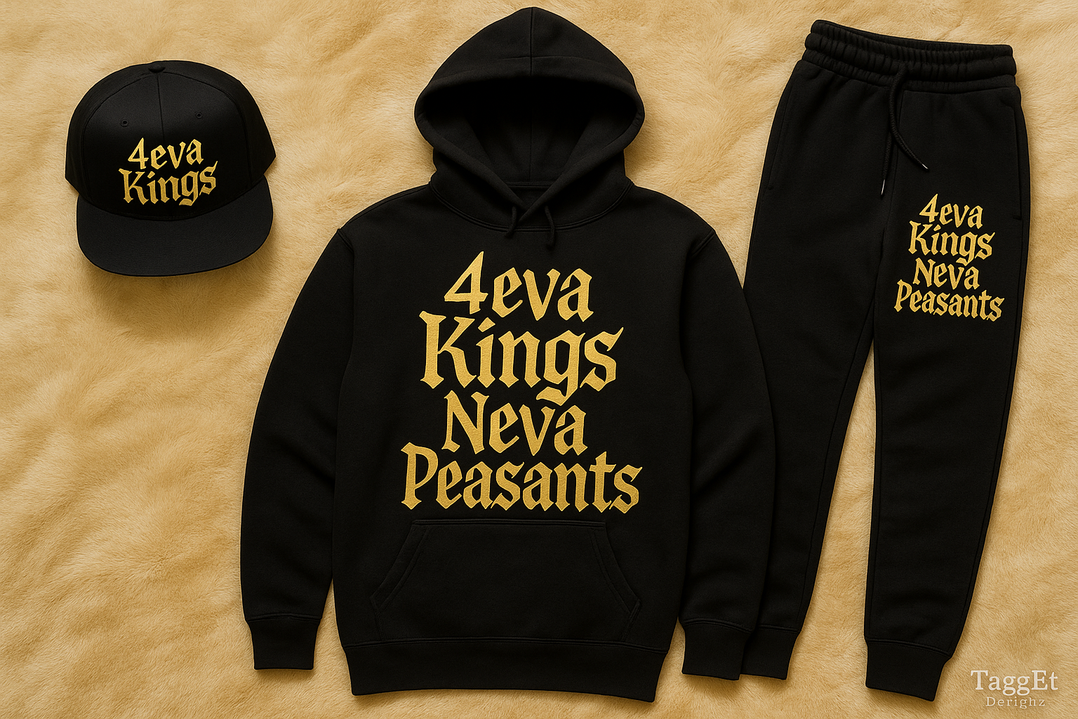 Men's three-piece apparel bundle with complete "4eva Kings Neva Peasants" text in stylized gold lettering on light gold blanket