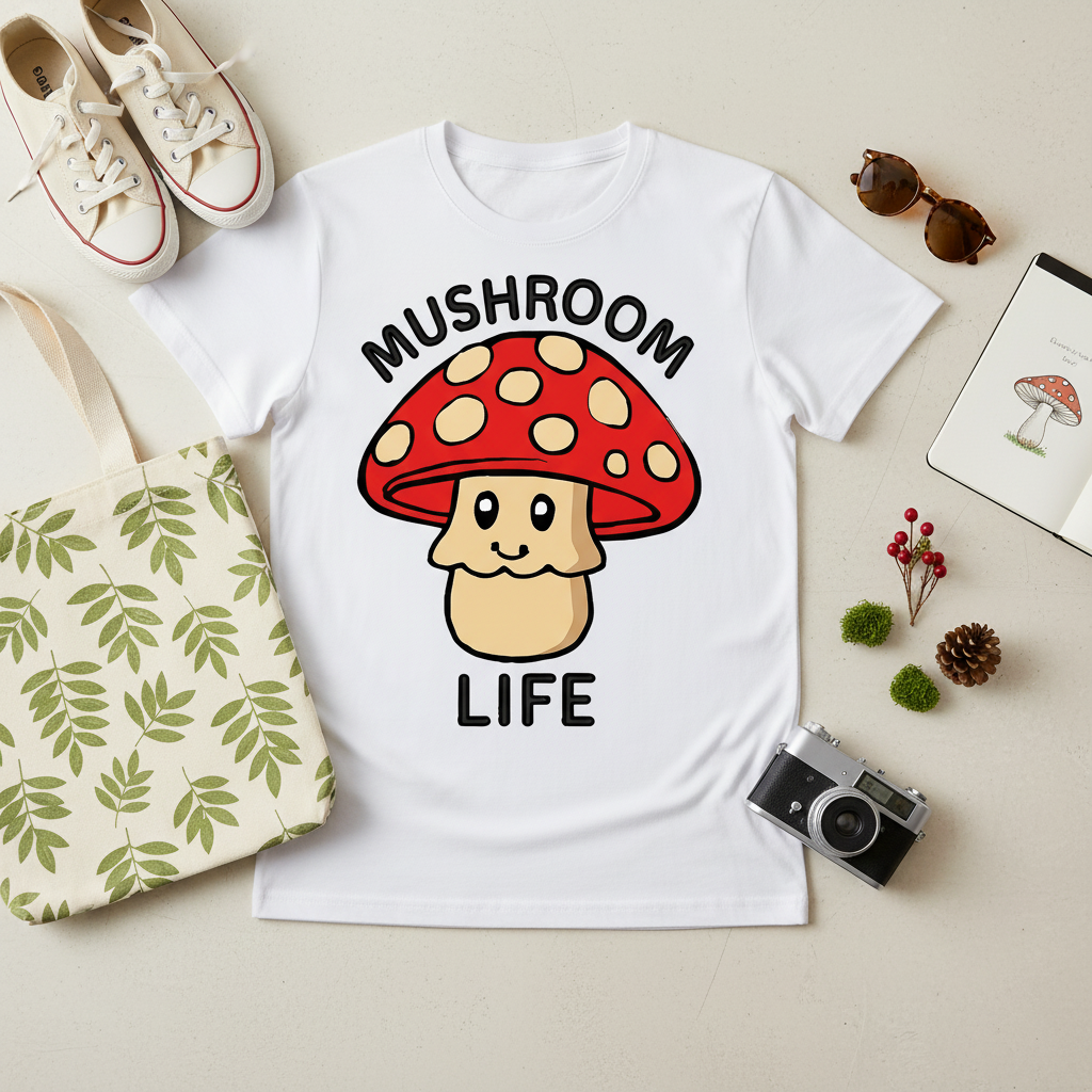 Mushroom t-shirt flat lay
