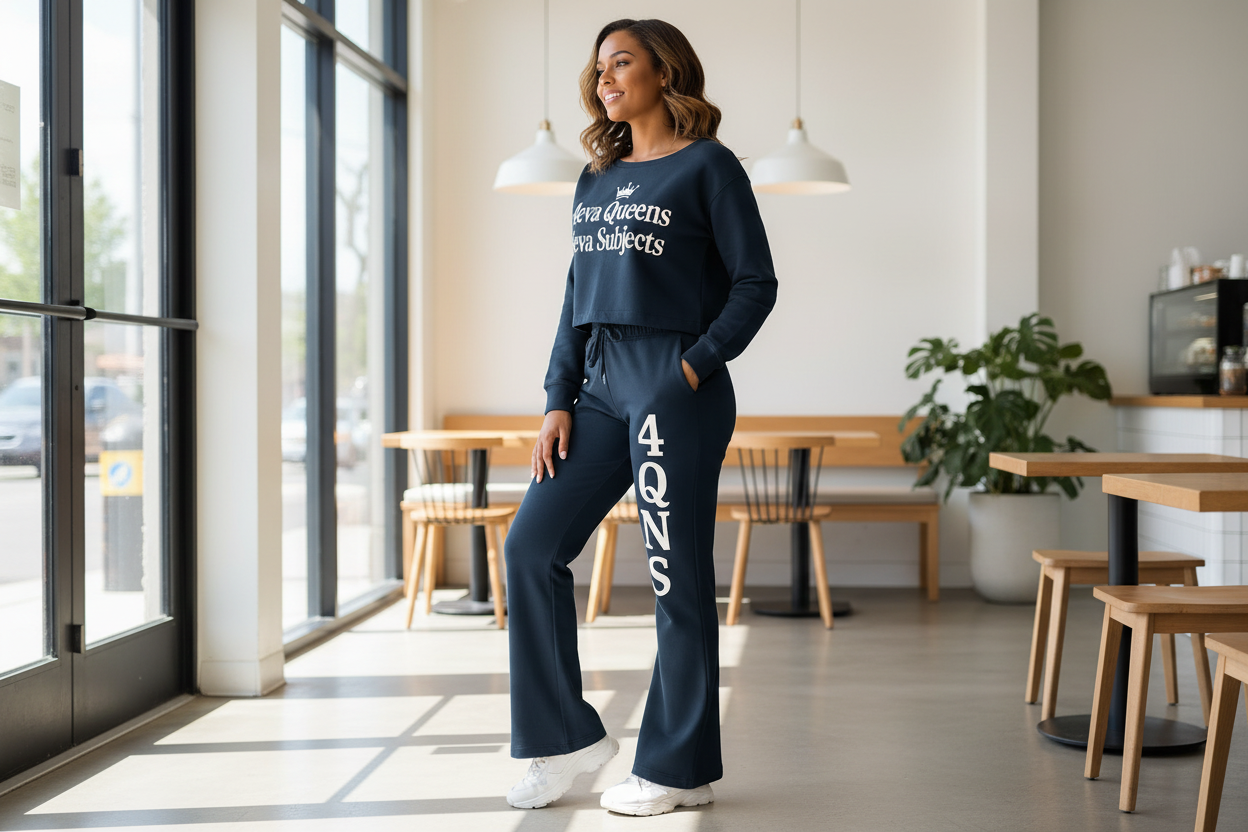 Navy blue and white flare leg jogger set lifestyle photo