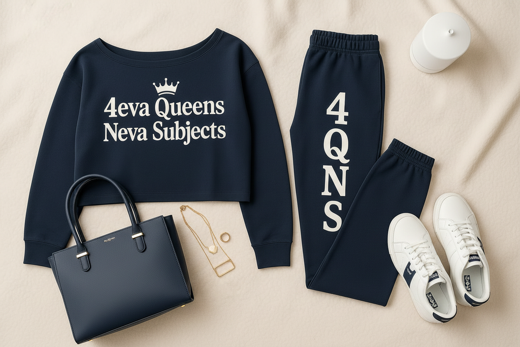 Navy blue and white jogger set flat lay