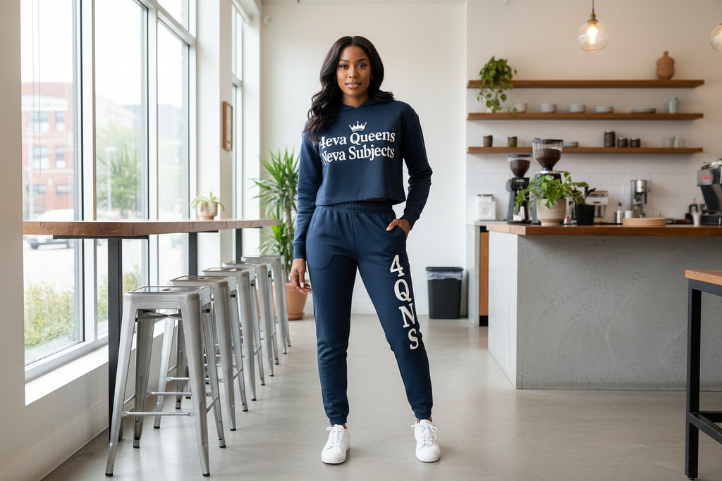 Navy blue and white jogger set lifestyle photo