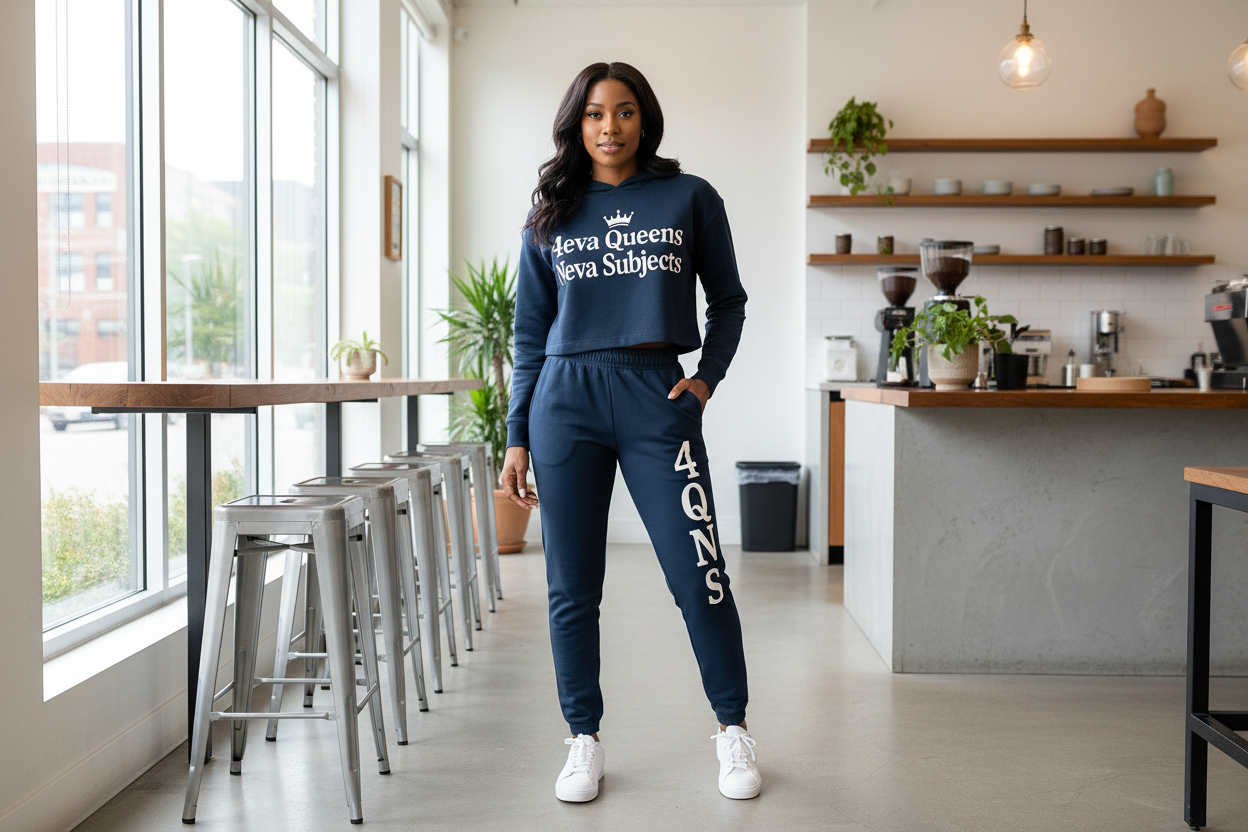 Navy blue and white jogger set lifestyle photo