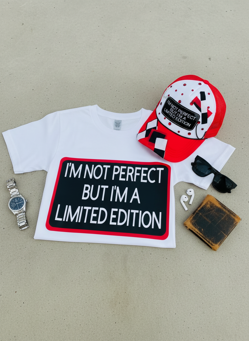 Not Perfect Limited Edition t-shirt and hat set flat lay