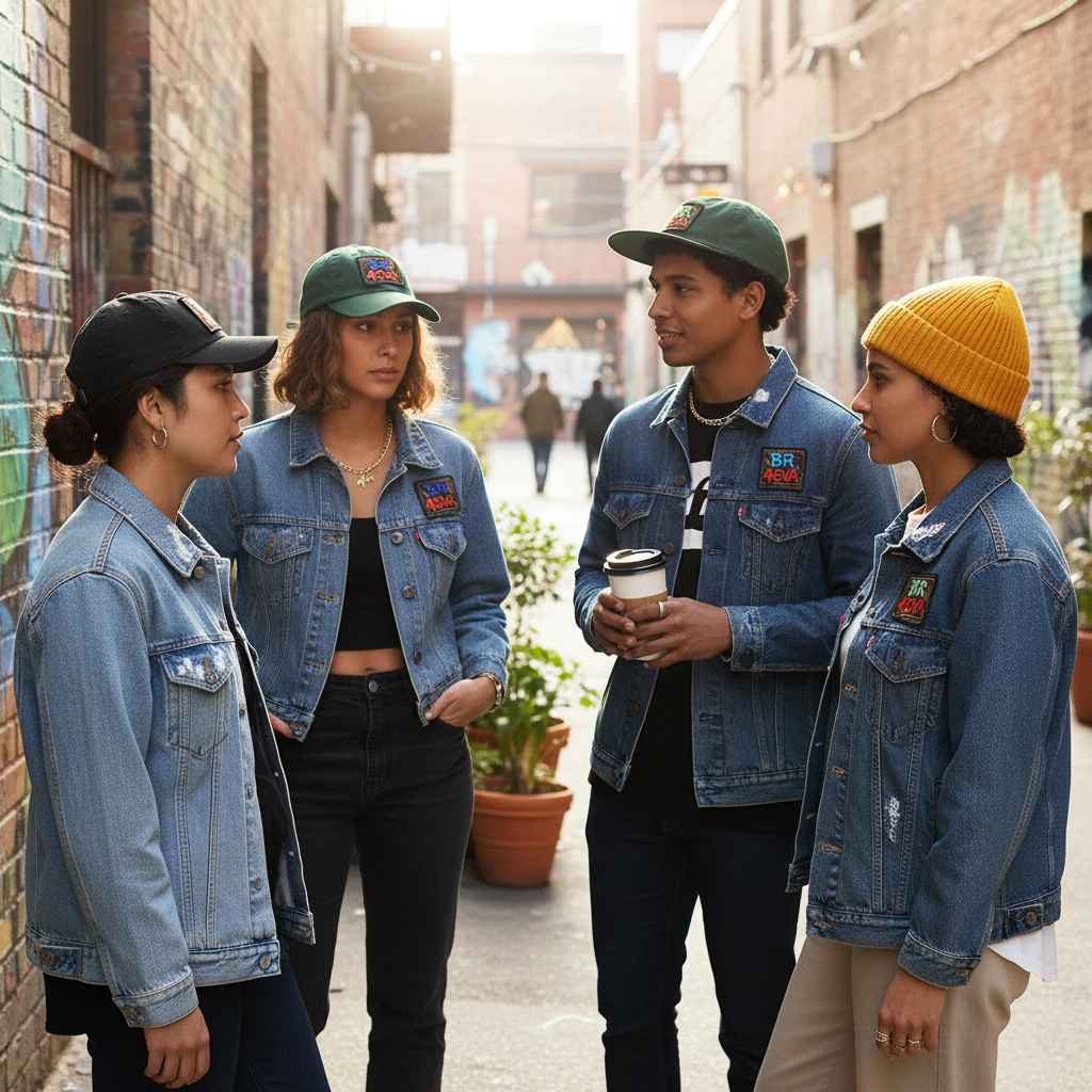 People wearing embroidery patches on jackets, caps, and beanies