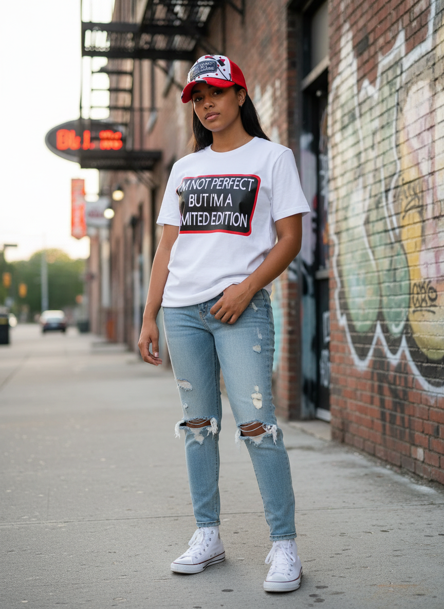 Person wearing Not Perfect Limited Edition t-shirt and hat set