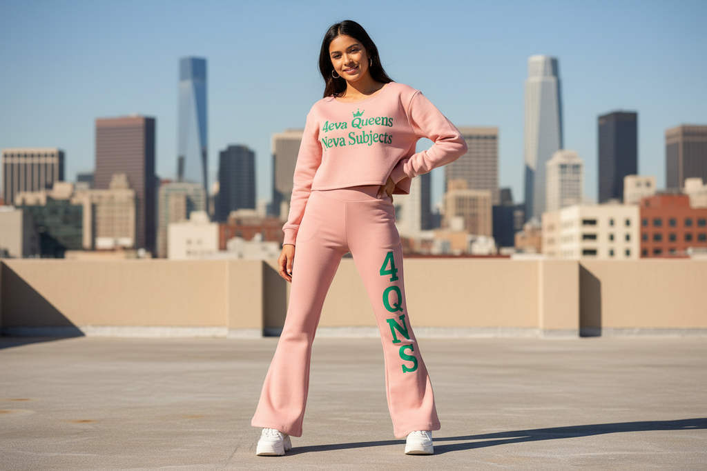 Pink and green jogger set with flare legs lifestyle photo