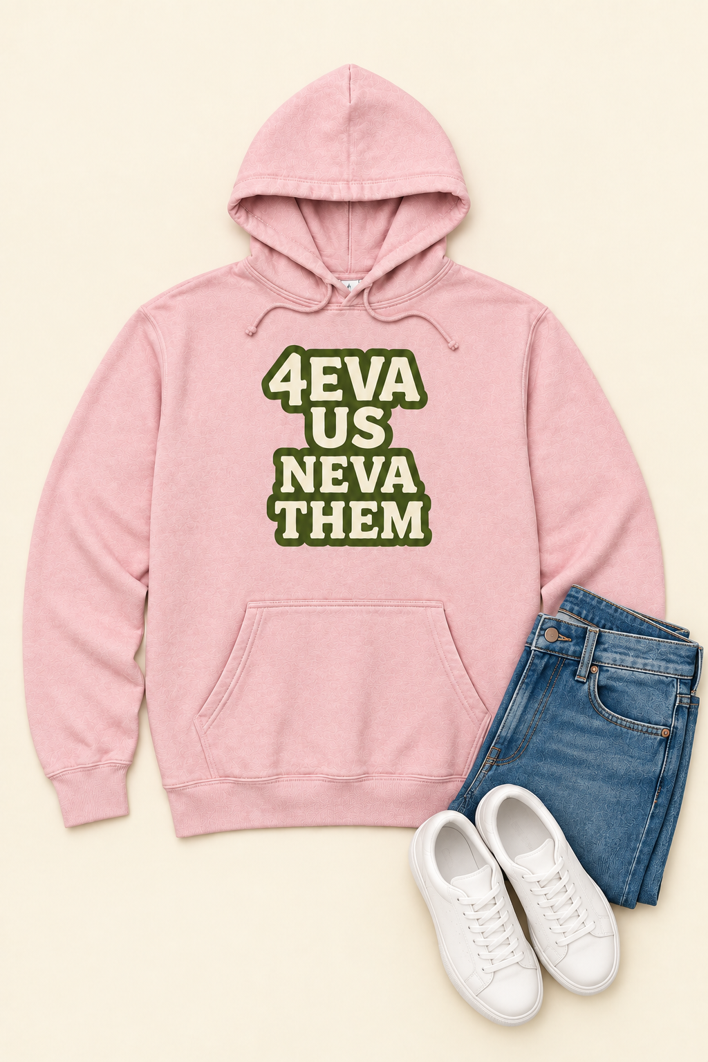 Pink hoodie flat lay with jeans and white tennis shoes